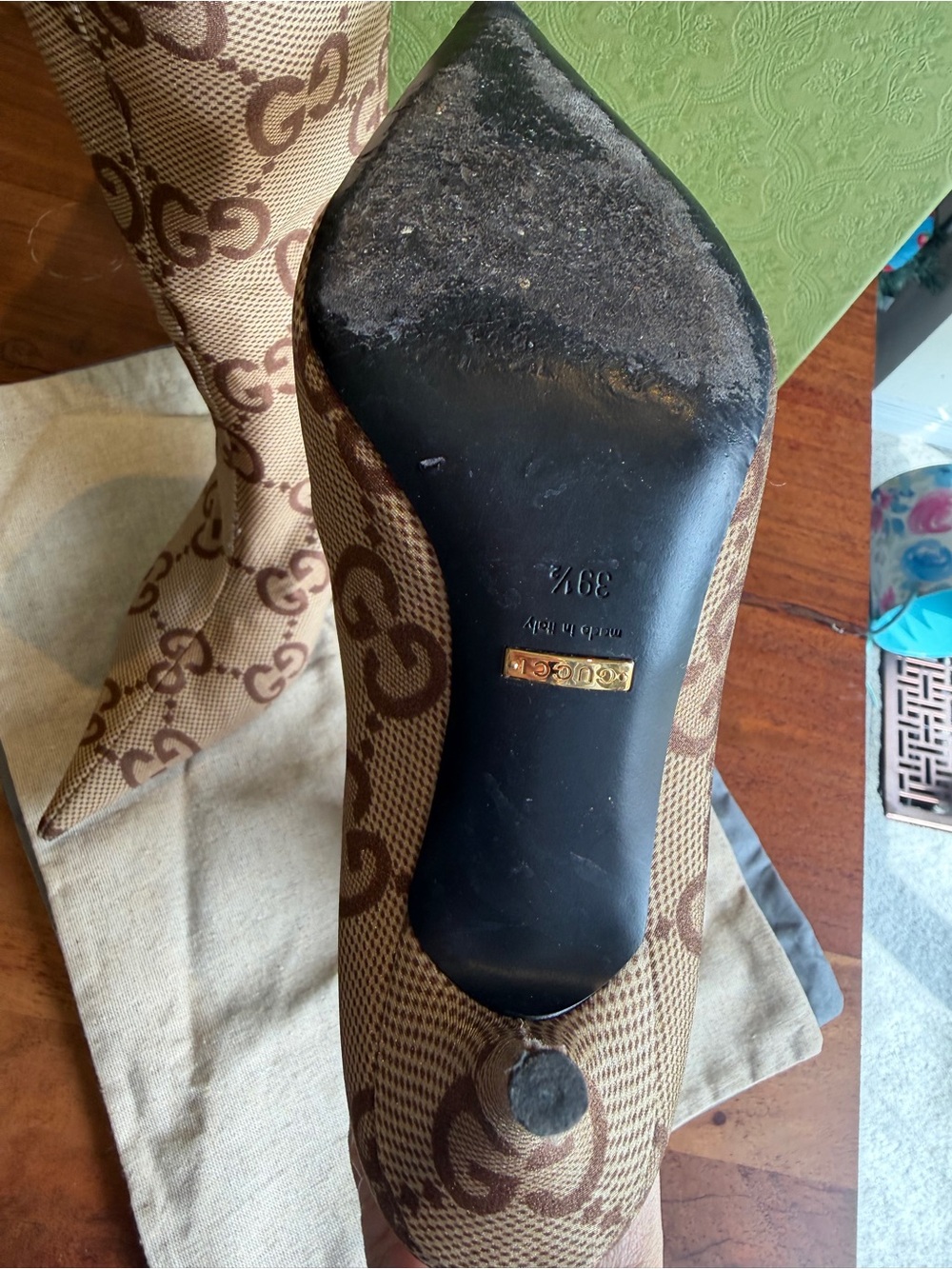 Authentic gucci-x-balenciaga Brown Beige Monogram Stretch Pointed-Toe Heel Boots - Picture 6 of 6